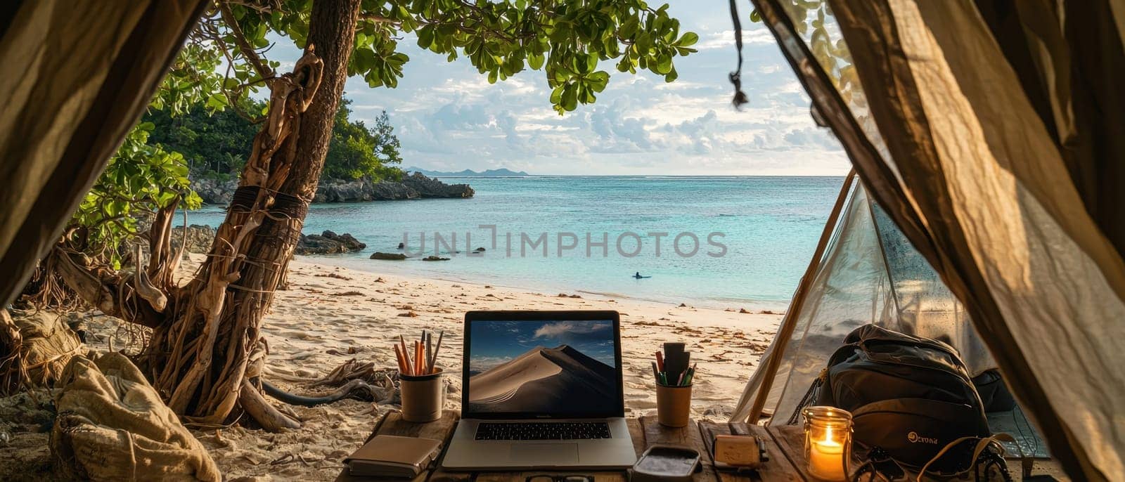 Enjoy a serene beachside workspace setup ideal for digital nomads, complete with a laptop and natural surroundings, perfect for relaxation and productivity.