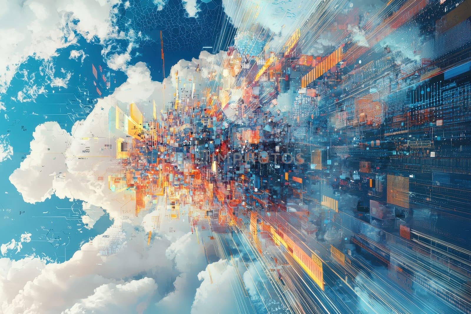 This vibrant abstract artwork showcases a fragmented composition of measurement tools intertwined with elements of technology and innovation against a dynamic sky.
