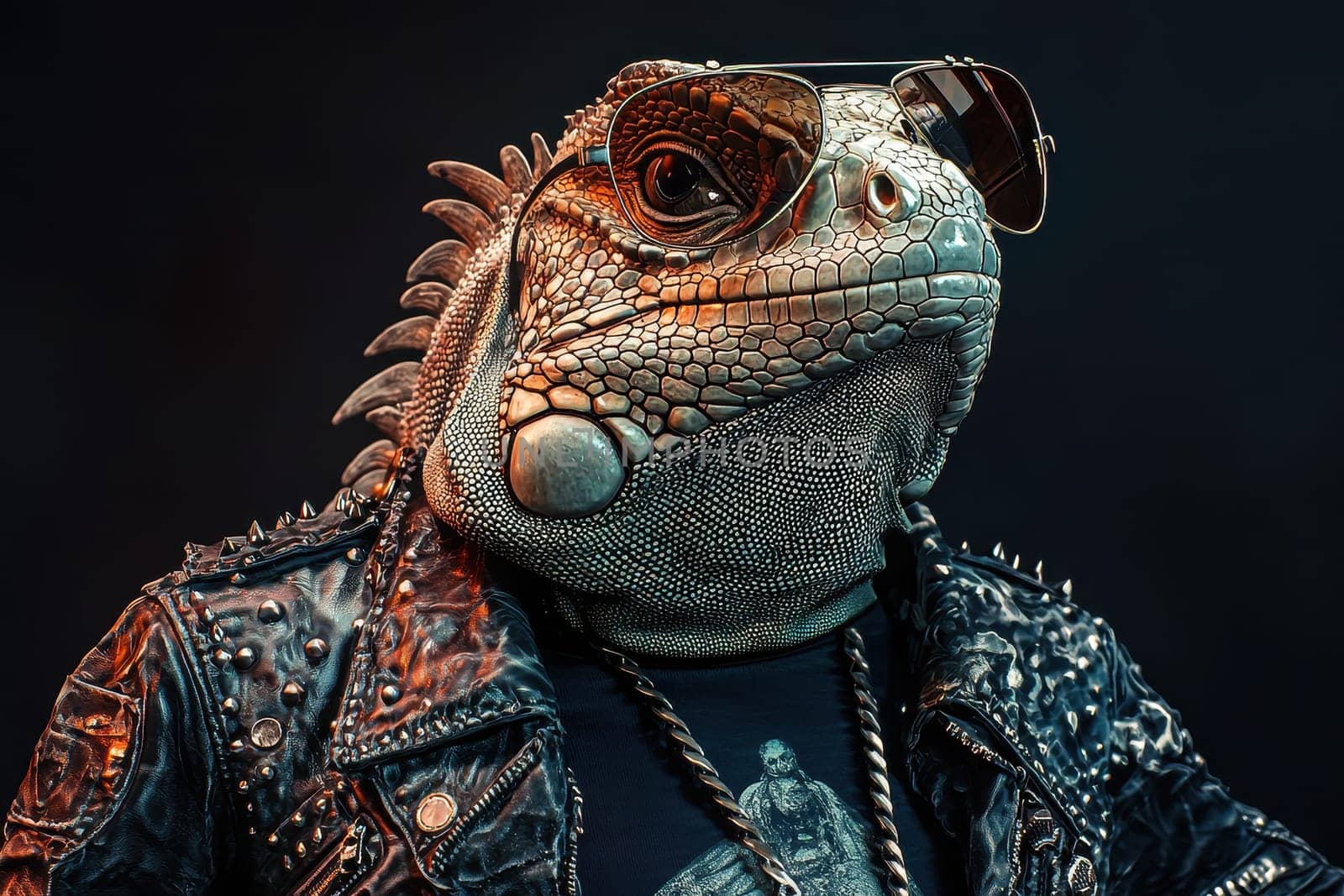 A stylish iguana dressed in a leather biker jacket and sunglasses, exuding coolness. This unique photo blends wildlife with fashion, capturing a fun and edgy vibe.