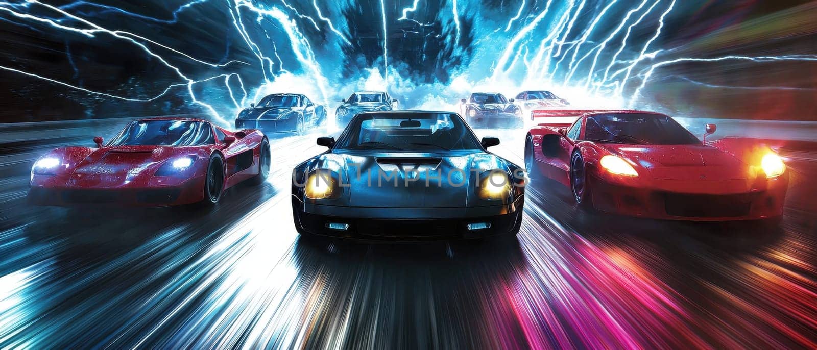 Experience a captivating surreal car show poster featuring high-speed vehicles surrounded by dynamic lights and vibrant colors, perfect for art enthusiasts.