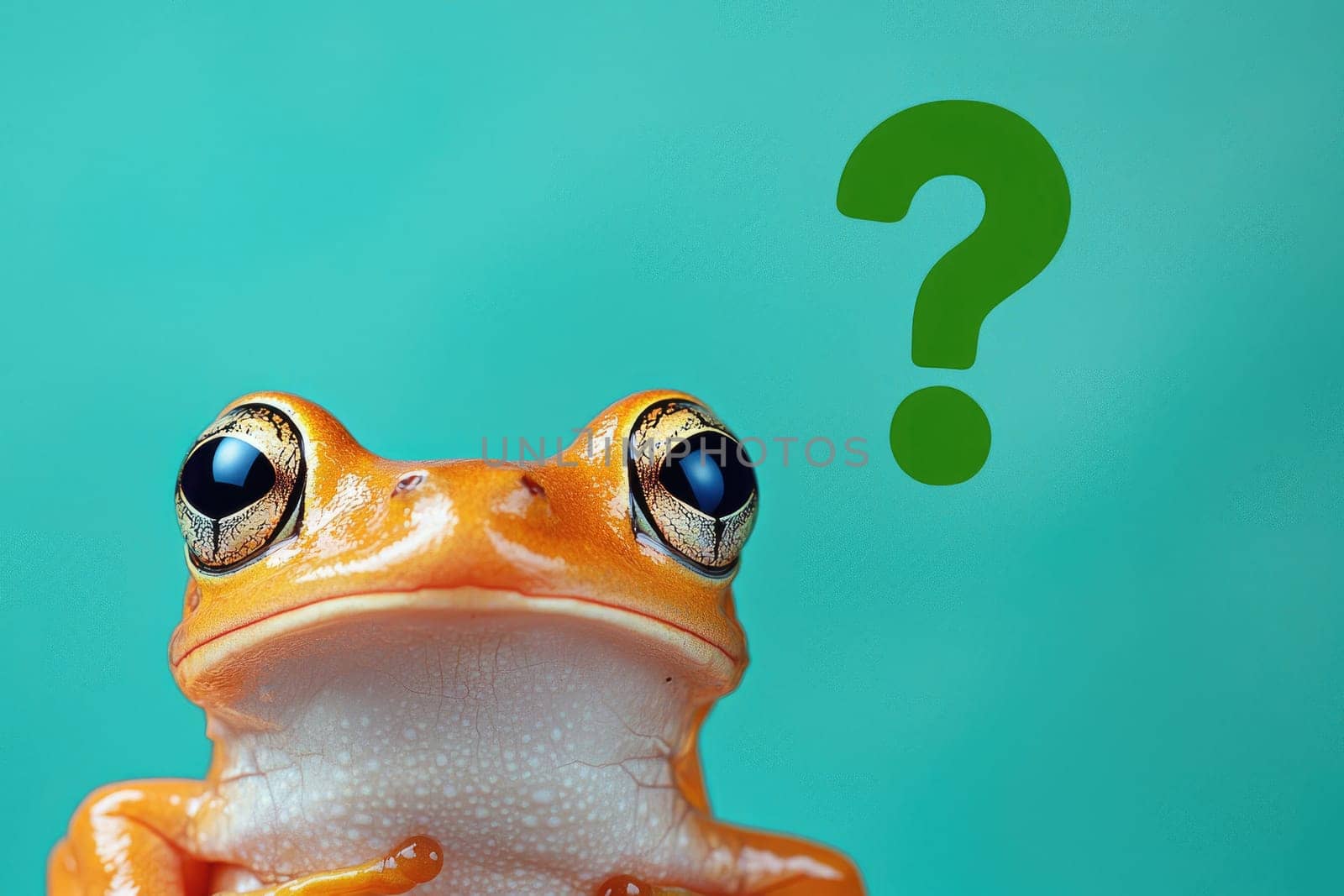 vibrant frog with large eyes and curious expression against teal background.