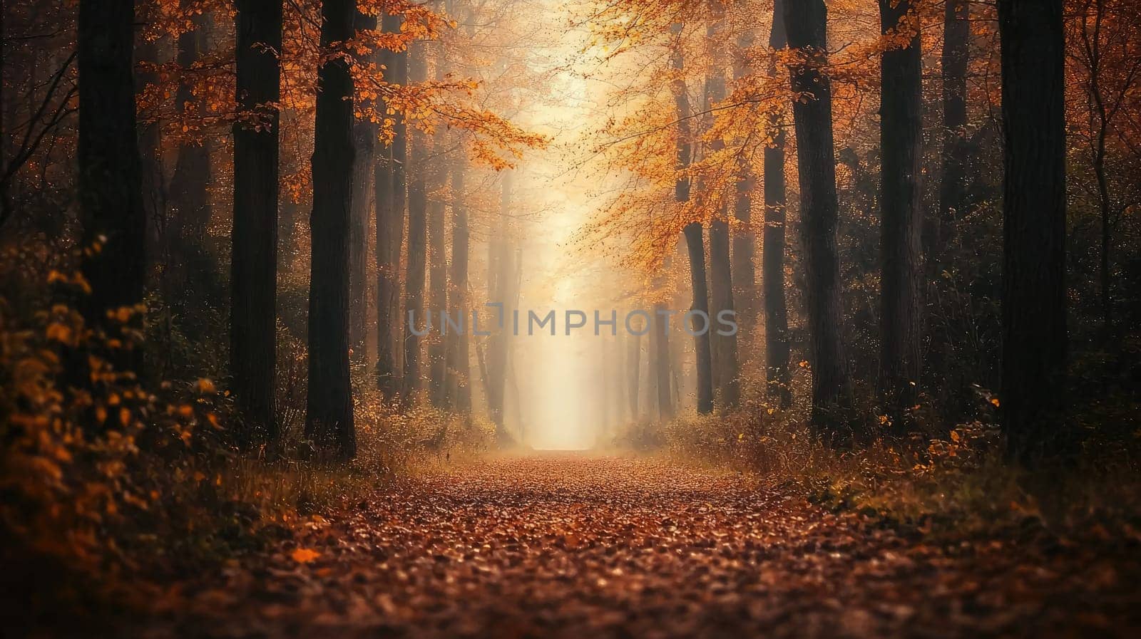tranquil forest trail carpeted in brown and yellow leaves.