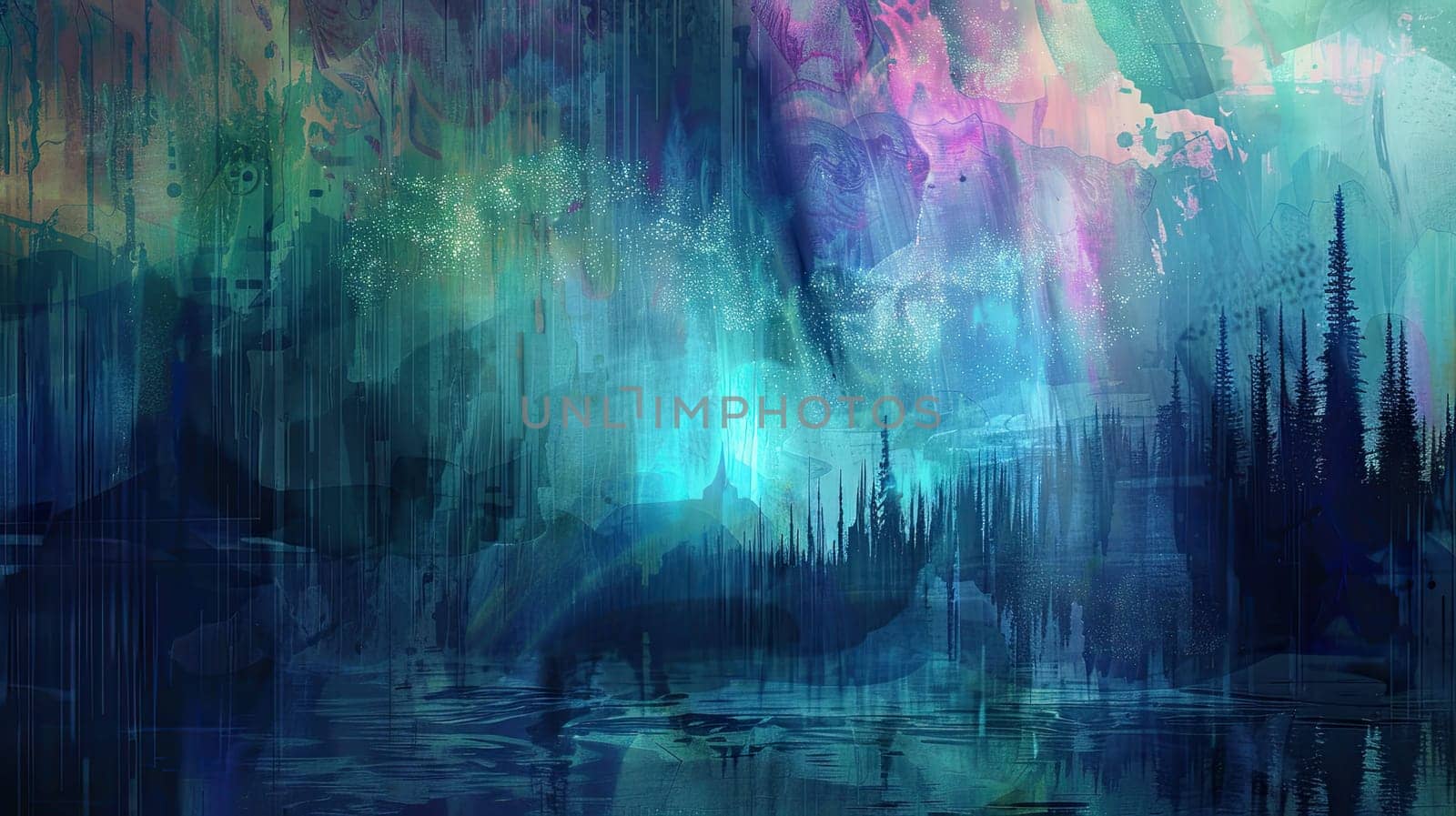 Dive into the mesmerizing world of digital art featuring ethereal auroras where swirling strokes of watercolor create captivating landscapes. This artwork embodies tranquility and vibrancy inviting viewers to experience nature's beauty through a digital lens.