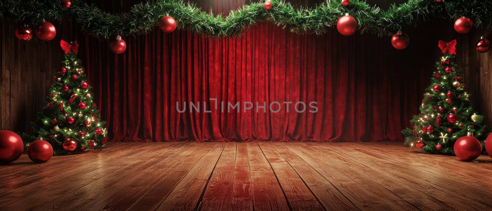 Beautifully decorated stage for Christmas with green garlands, red curtains, and festive ornaments. Perfect for holiday celebrations, events, and gatherings.