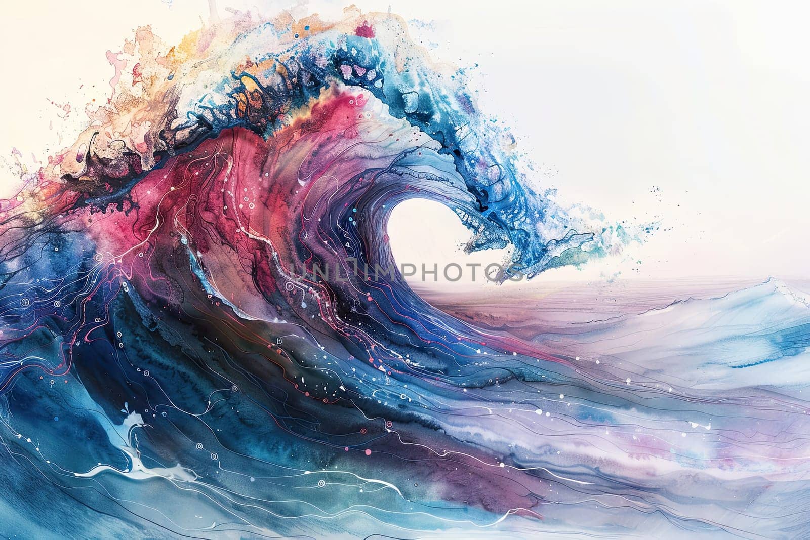 Dive into the mesmerizing beauty of oceanic circuitry captured in watercolor as a wave crests and flows showcasing the intricate dance of colors and textures that evoke the power and serenity of the sea.