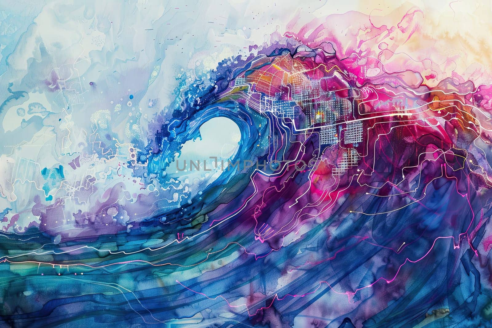 Dive into the mesmerizing world of watercolor art as we explore the vibrant colors and intricate designs of oceanic circuitry captured in a stunning wave cresting in this masterpiece.