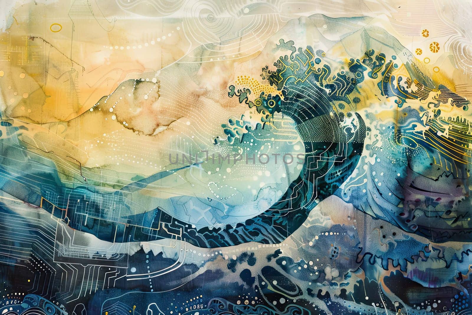Discover the mesmerizing blend of nature and technology in this stunning watercolor artwork. Featuring a wave cresting in vibrant colors and intricate circuitry this piece captures the essence of oceanic beauty combined with digital innovation.