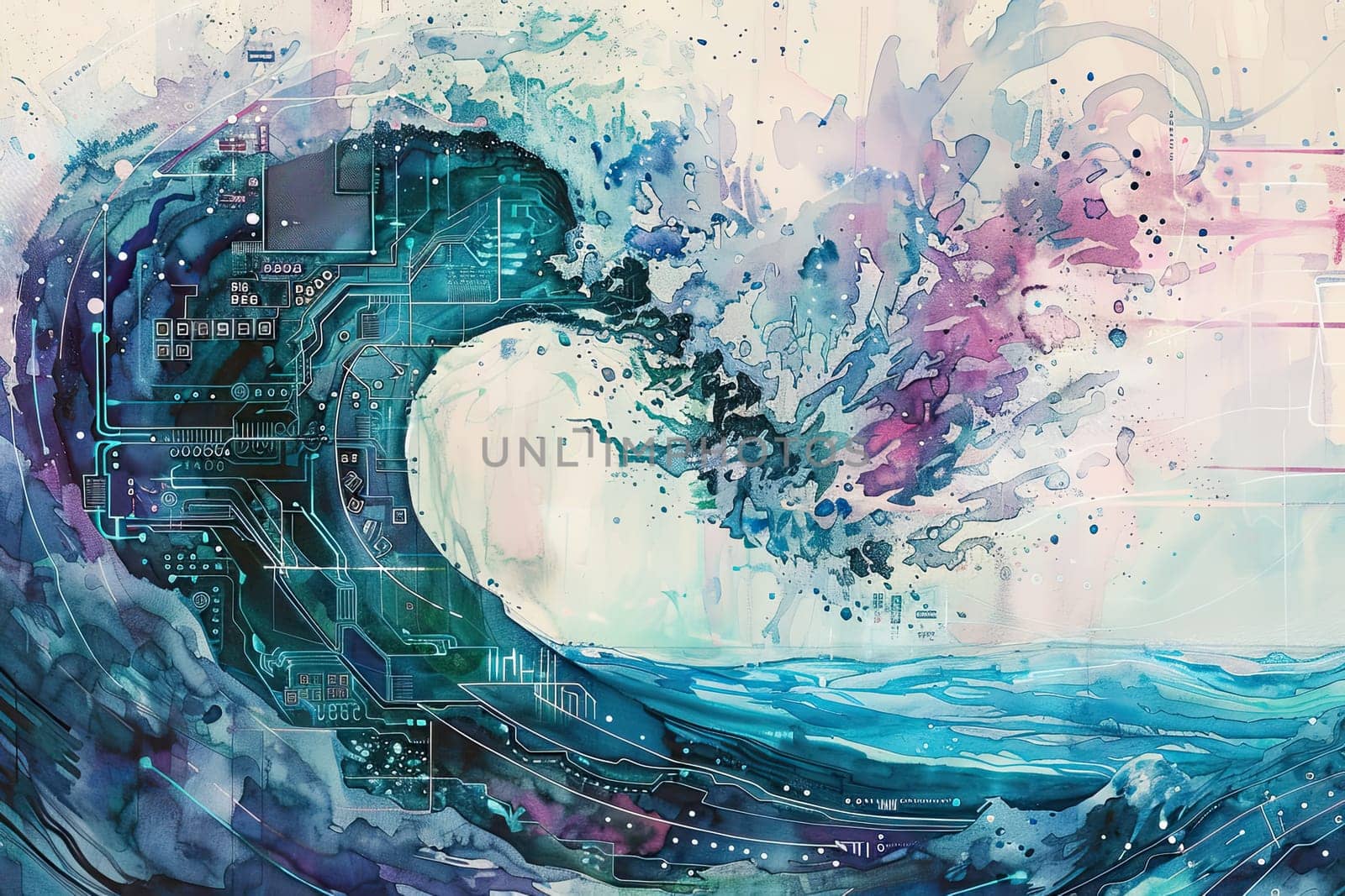 This captivating artwork showcases a breathtaking wave cresting intertwined with intricate circuitry patterns blending the beauty of nature with modern technology in a vibrant watercolor composition.