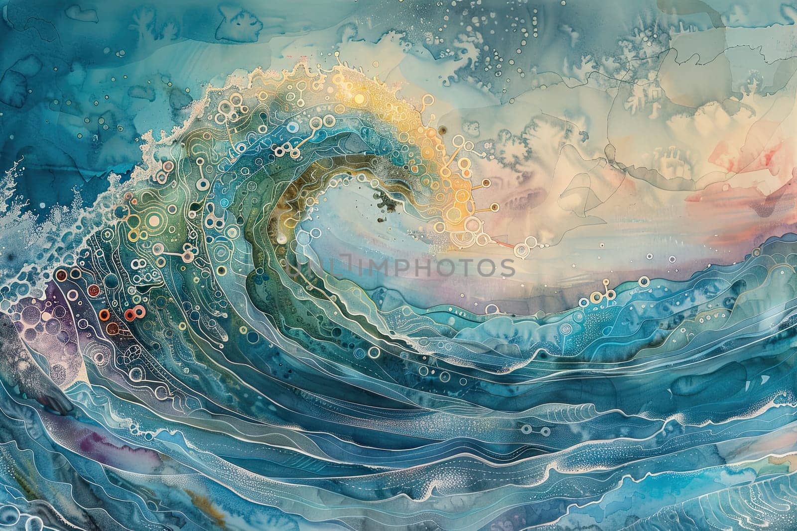 Discover the stunning artistry of oceanic circuitry depicted in a vibrant watercolor wave showcasing the intricate details and fluid motion of nature's beauty.