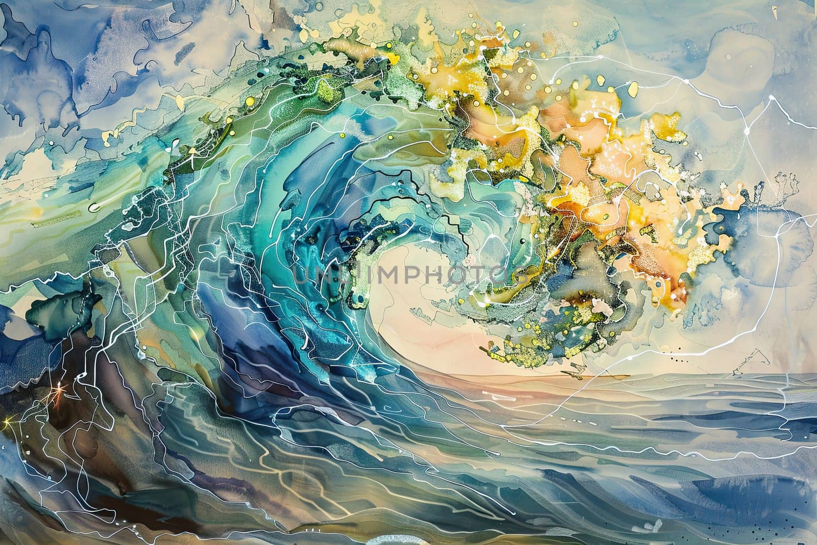 Discover the captivating essence of oceanic circuitry through this stunning watercolor painting of a cresting wave showcasing dynamic colors and intricate designs that evoke the power and beauty of the sea.