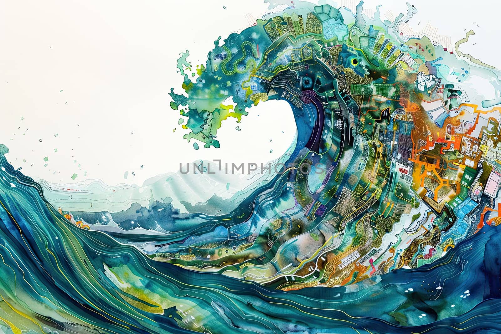 Dive into the mesmerizing world of oceanic circuitry as depicted in this stunning watercolor artwork. Witness the dynamic interplay of colors and forms that capture the essence of a cresting wave inviting viewers to appreciate the beauty of nature and artistry combined.