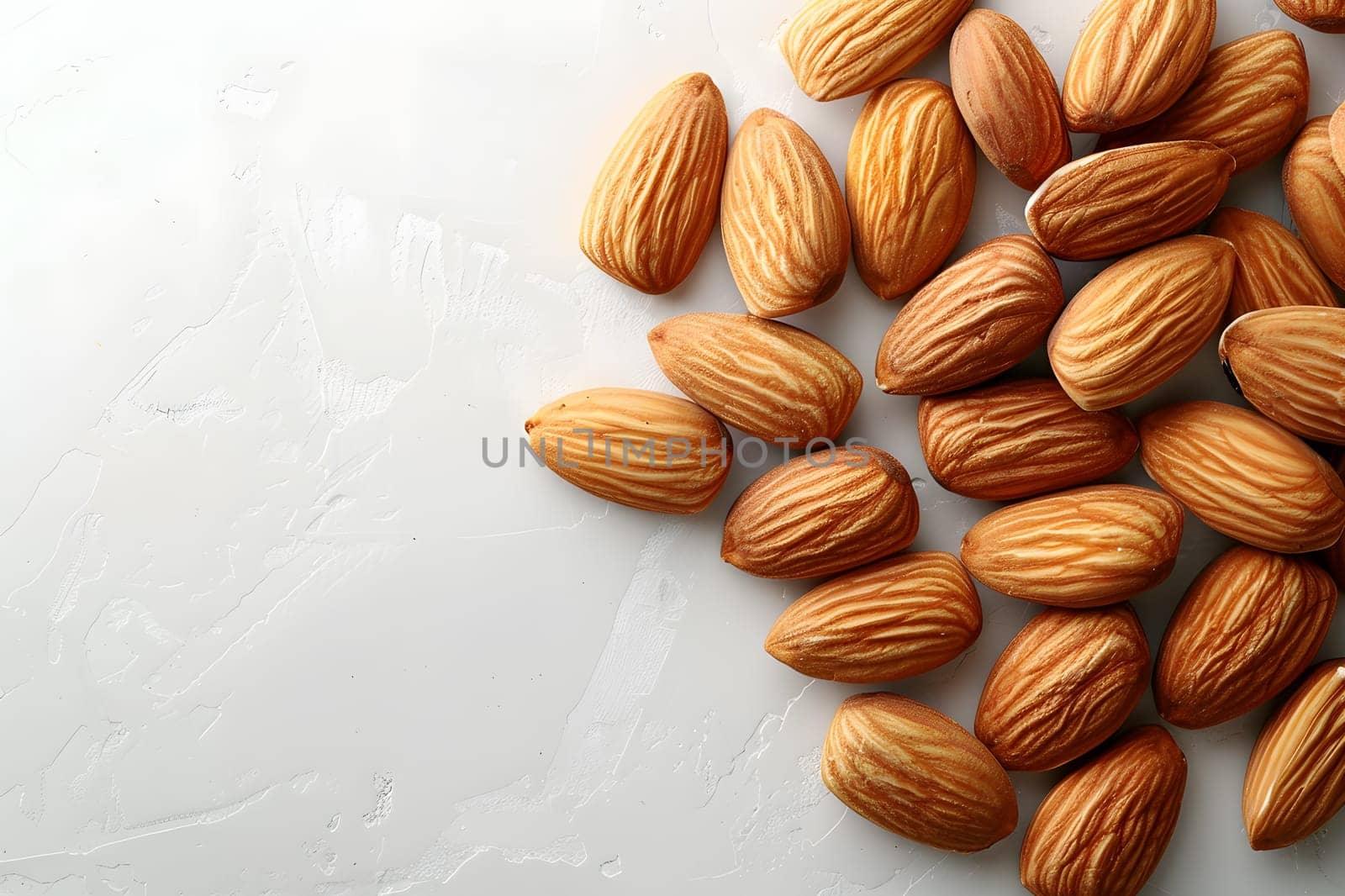 A mound of almonds, a type of nut, sits on a clean white surface. Almonds are a nutritious food ingredient often used in cuisine and produce a versatile nut for cooking