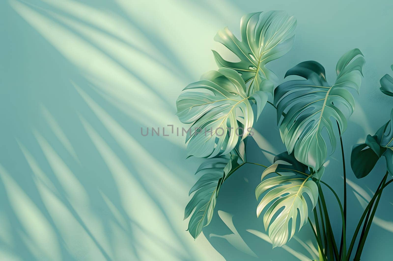 A terrestrial plant, with a lot of leaves, is casting a shadow on a wall. The plants hairlike structures are illuminated with an electric blue hue