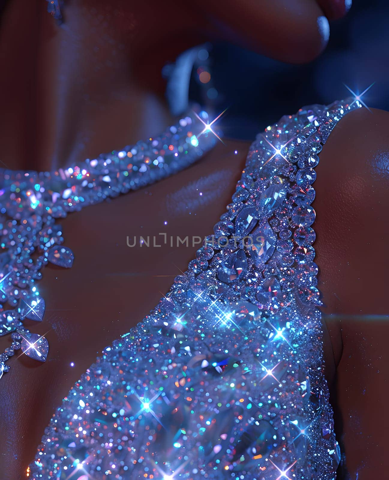 A closeup of a womans neck and shoulder in a shiny electric blue dress, resembling the fluidity of water on a terrestrial plant, with hints of magenta and violet hues