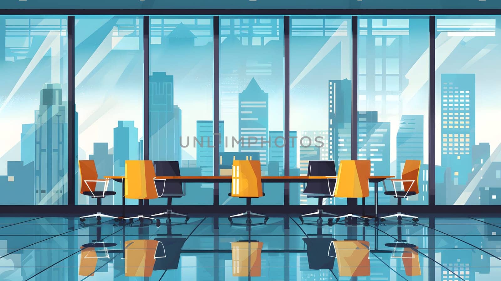 Spacious office conference room featuring cityscape view and modern furniture