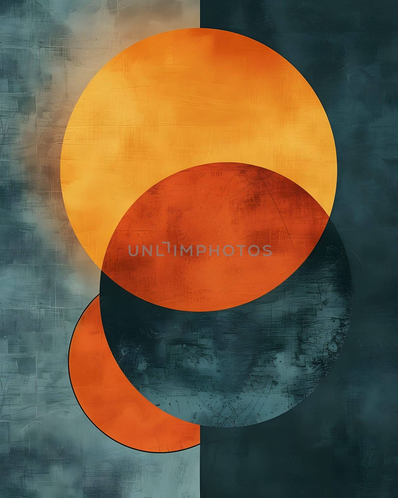 Modern art with vibrant orange and bluegray circles overlapping in a contemporary style