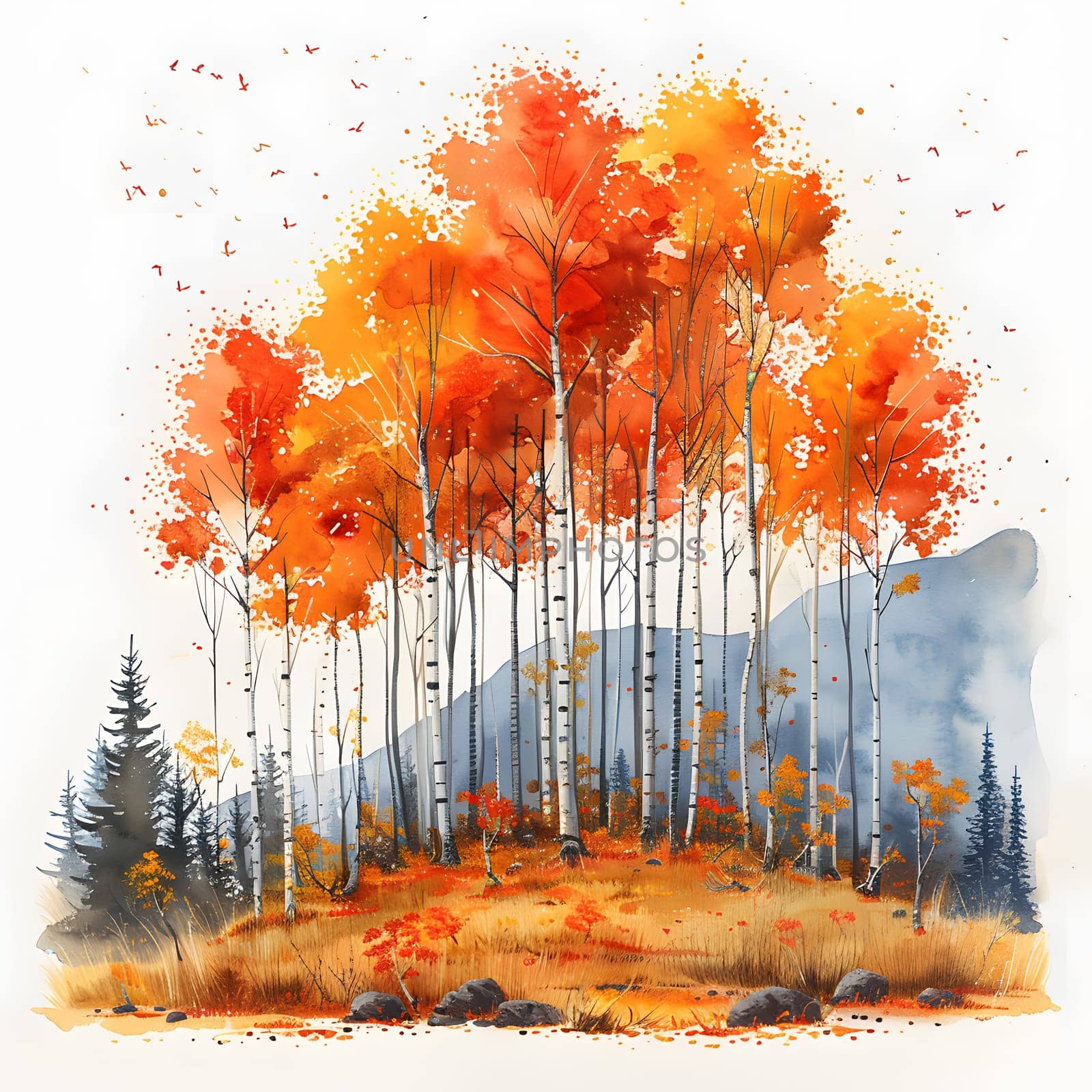 A watercolor painting of a forest capturing the beauty of the orange leaves on the trees. The art piece showcases tints and shades of nature in a peaceful landscape