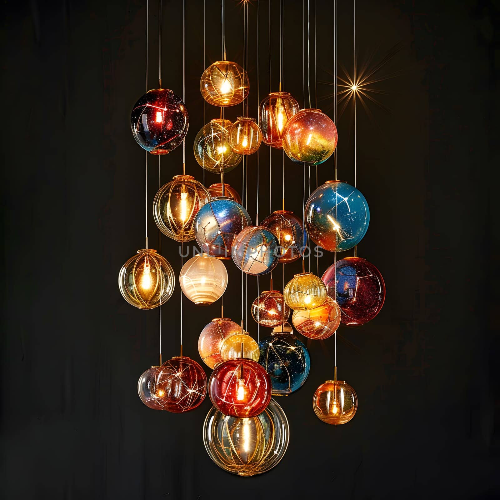 A dazzling array of Christmas ornaments hang from the ceiling, creating a colorful and festive display. The creative arts and holiday spirit blend seamlessly in this eyecatching decor
