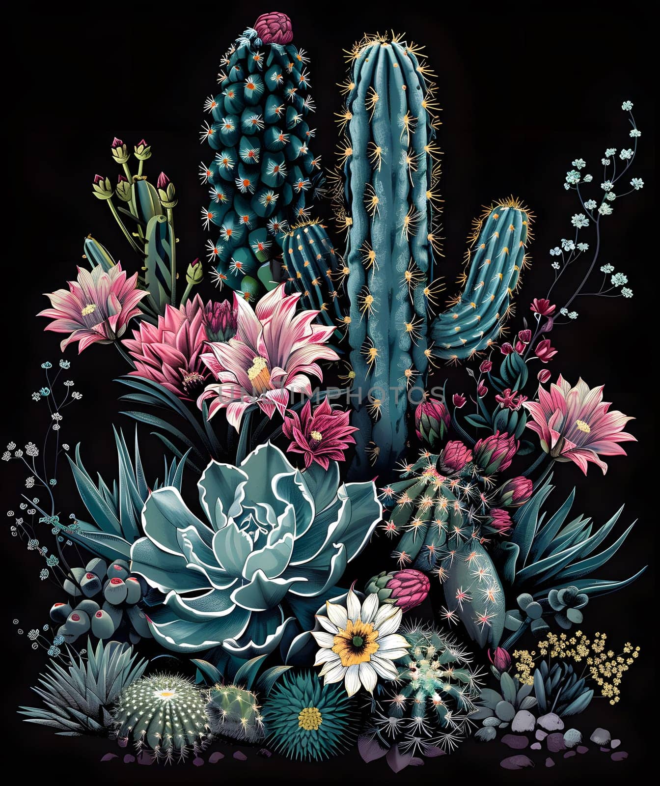 Vibrant cacti and succulents blooming with colorful flowers on a dark backdrop.