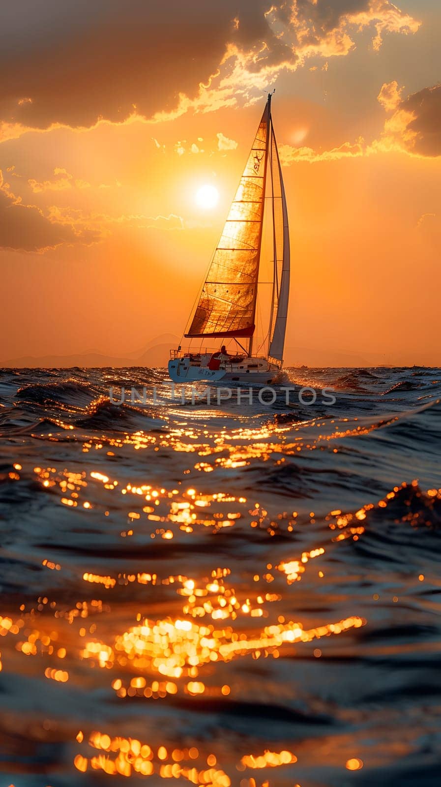 A boat is sailing in the tranquil waters of the ocean as the sun sets, casting a warm glow on the clouds and creating a peaceful atmosphere