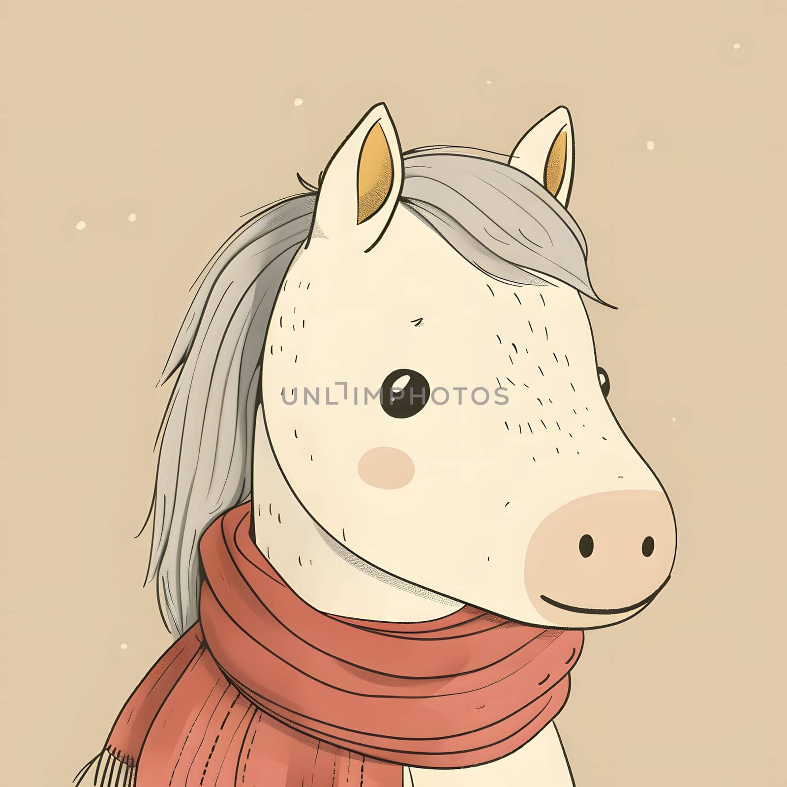 Image of a charming horse in a red scarf, drawn in a cozy handdrawn style