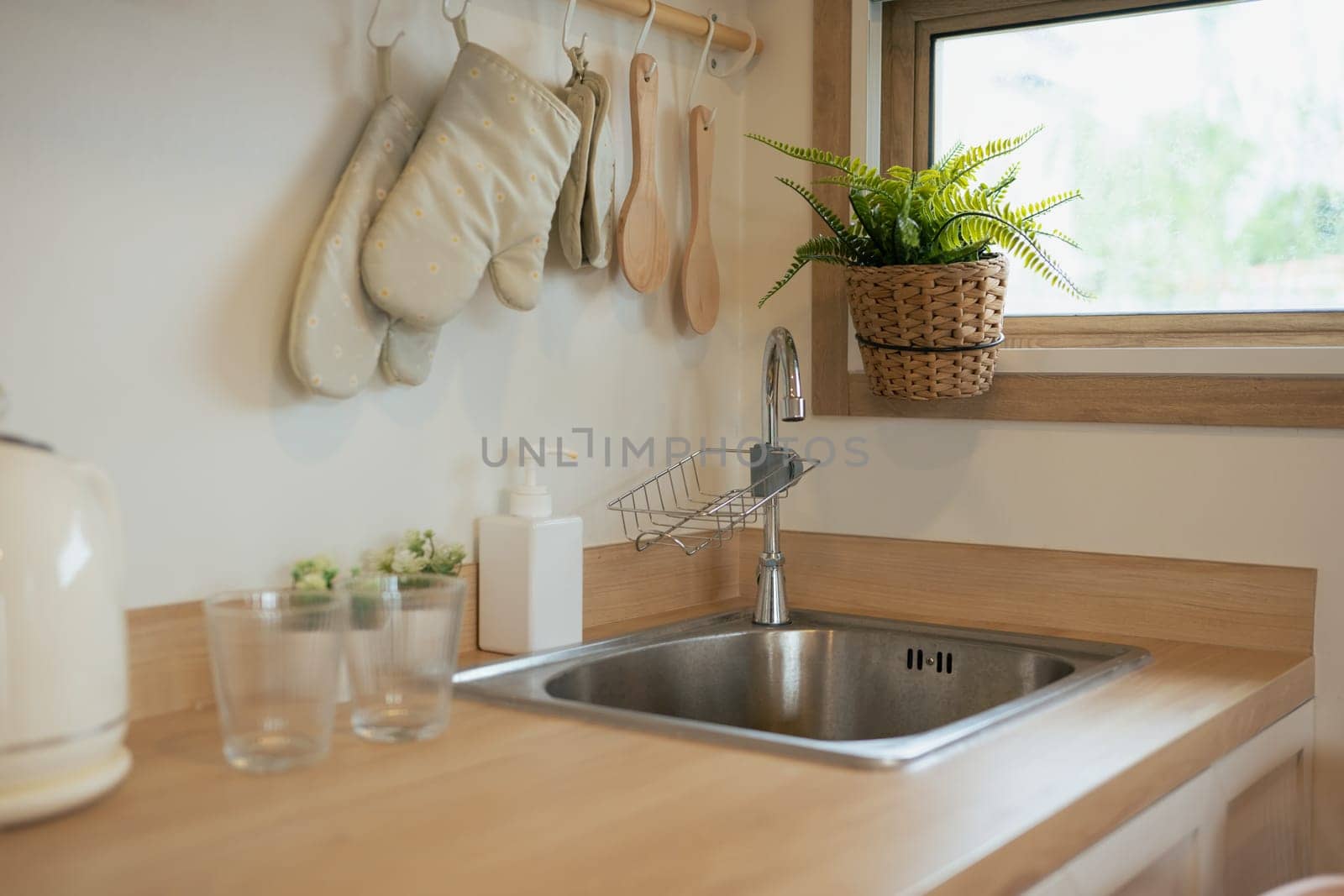 A kitchen sink with potted plant and natural wood design in the in minimalist kitchen.