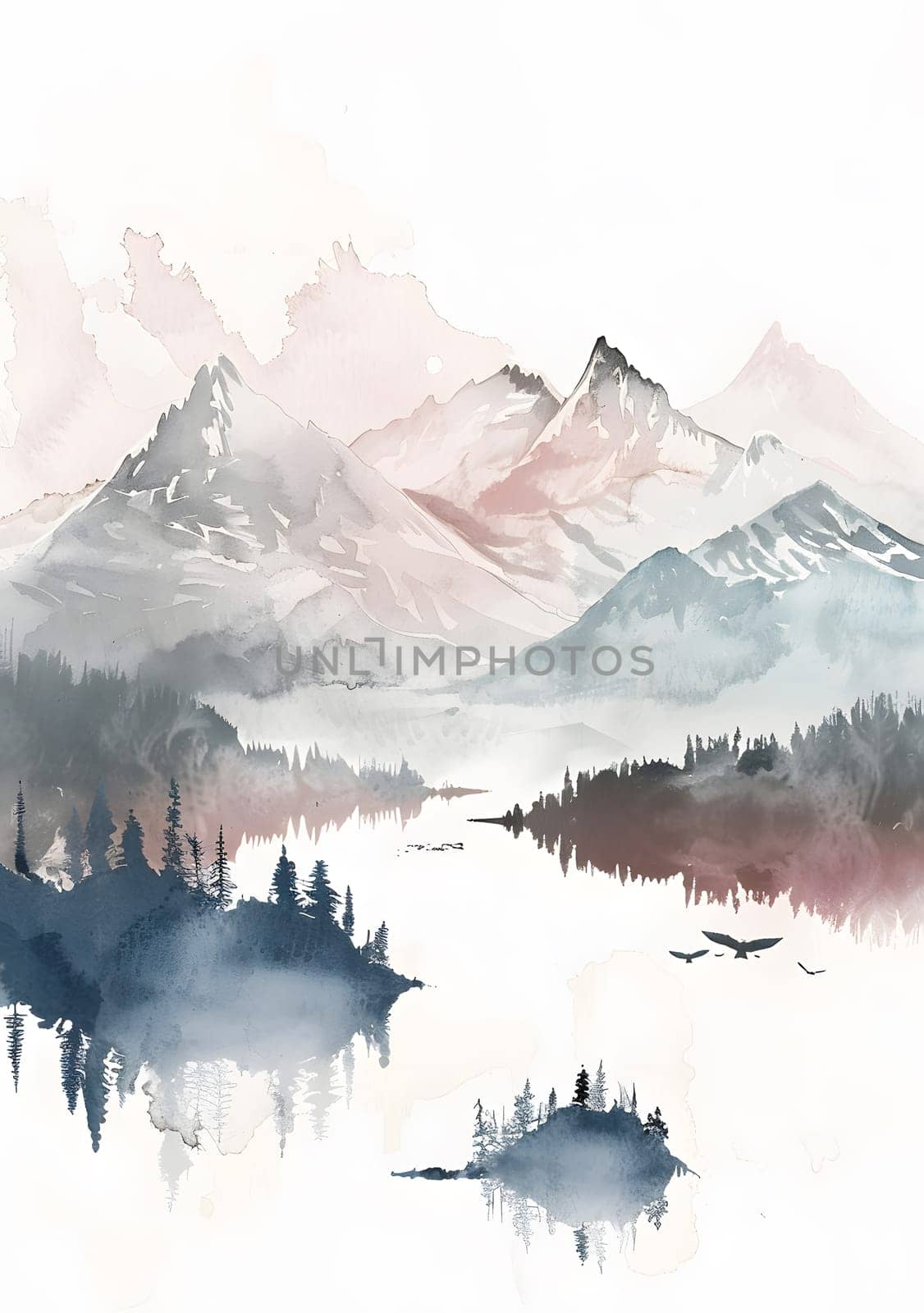 A serene mountain landscape with mist, pine trees, and a peaceful lake