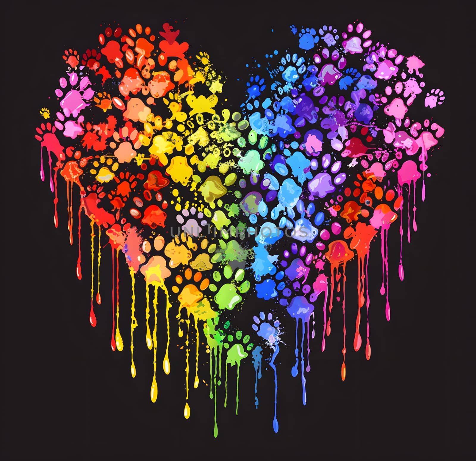 Vibrant heart of paw prints with rainbow hues and vivid dripping ink effect