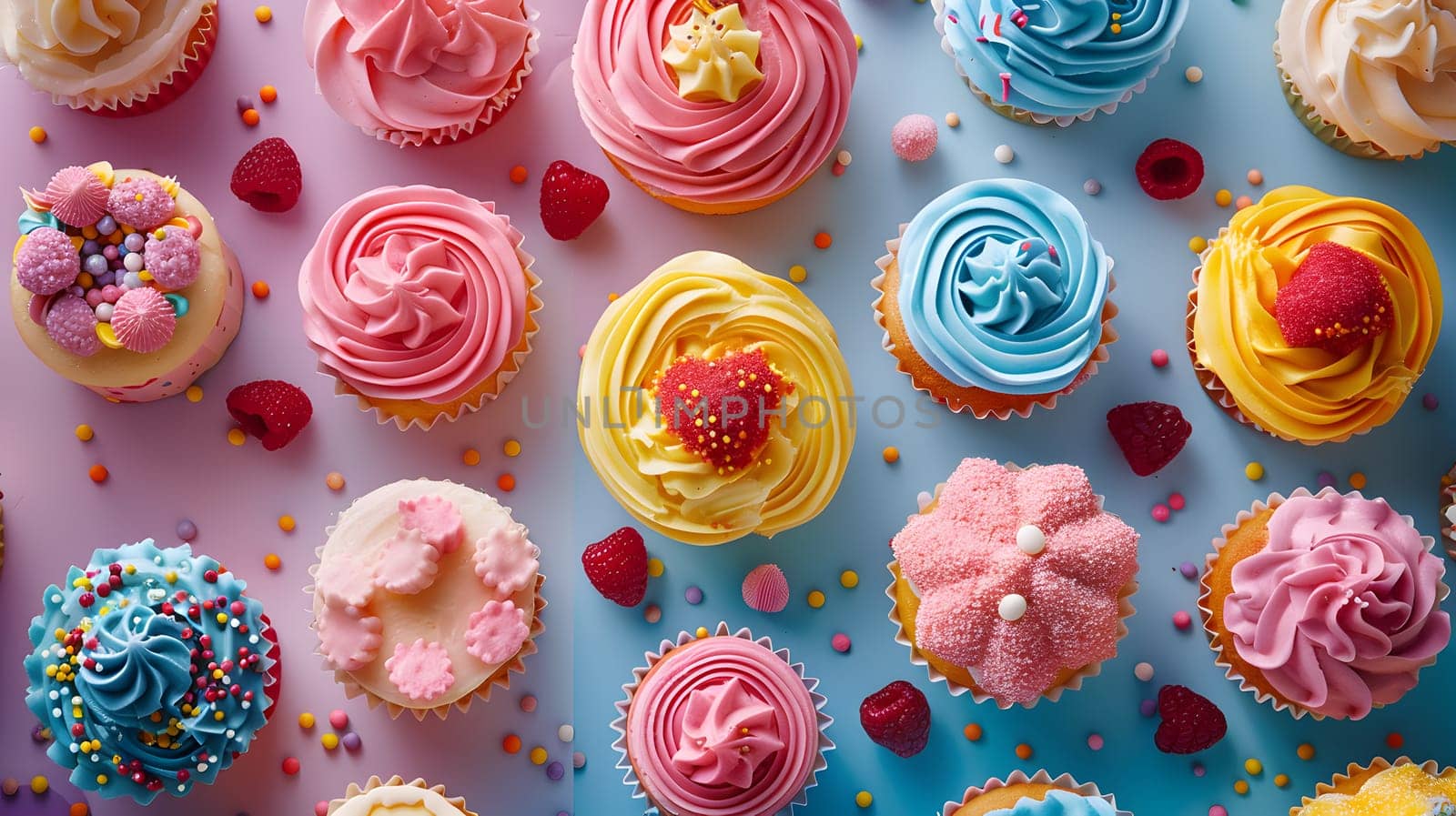 Various colorful cupcakes with vibrant frosting and delicious toppings
