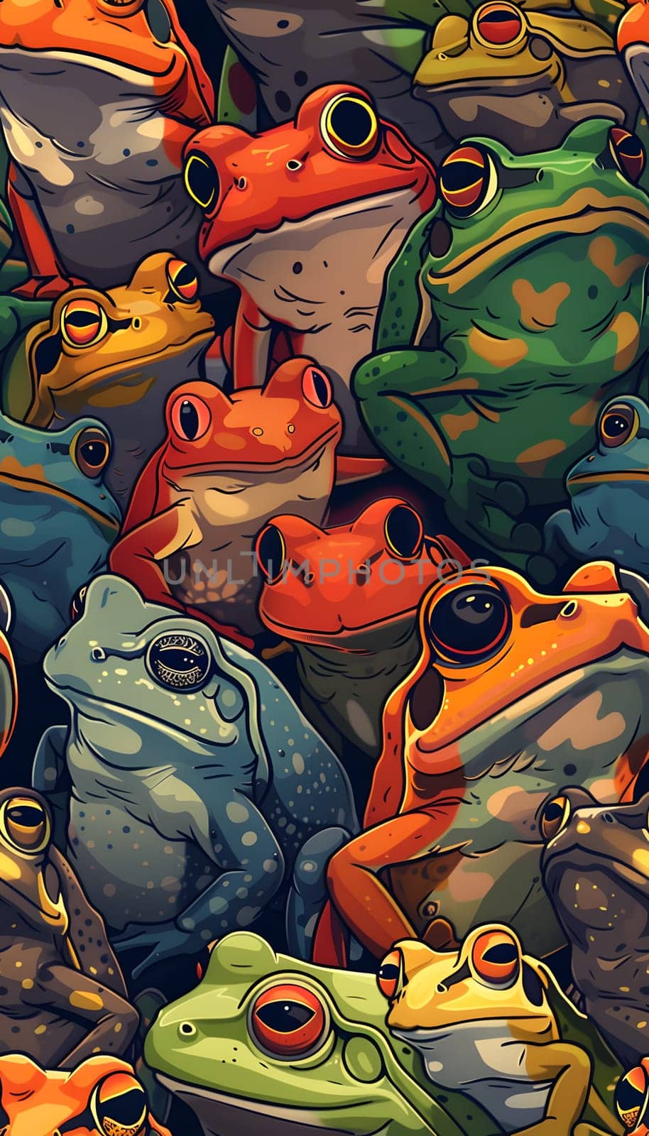 A group of vibrant vertebrate organisms, colorful frogs, are perched on a rock in an electric blue pond. The scene would make a stunning illustration in a creative arts painting