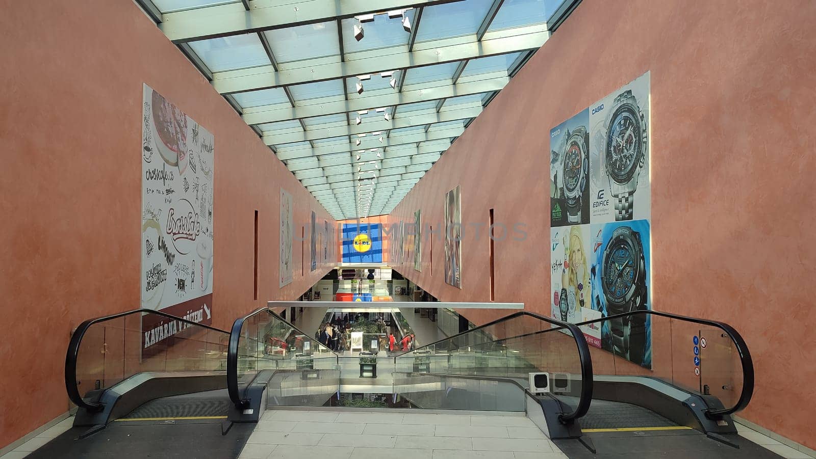 October 22 2024 Hradec Kralove, Czech Republic Europe, Kralov region, Kralovehradecky kraj, shopping mall, escalator, commercial building. High quality photo