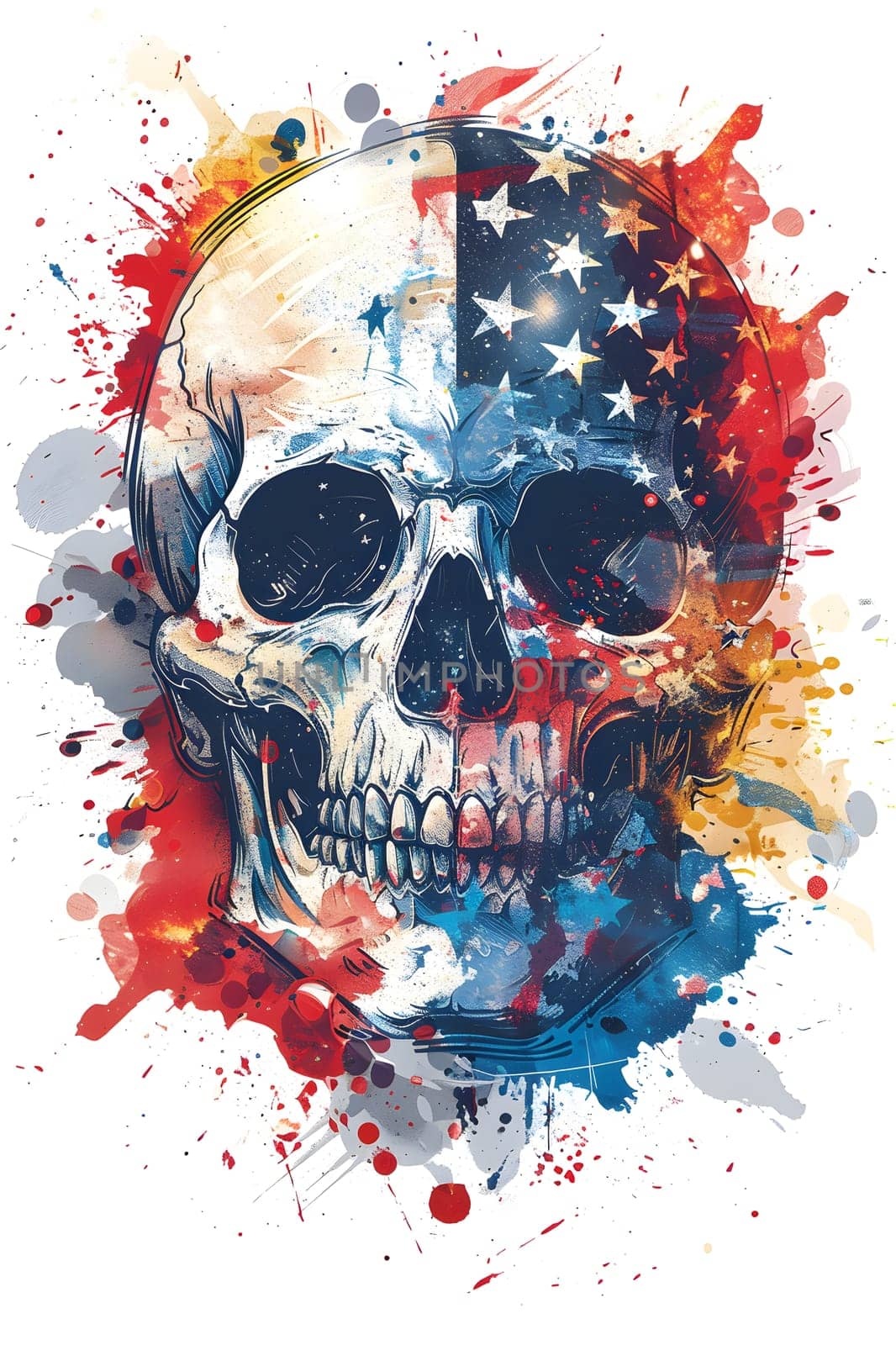 An illustration of a skull with the American flag painted on it, showcasing a unique blend of art and patriotism in its design
