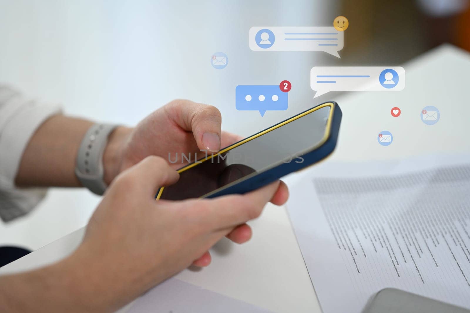 Close up of woman checking social media notifications on smartphone.