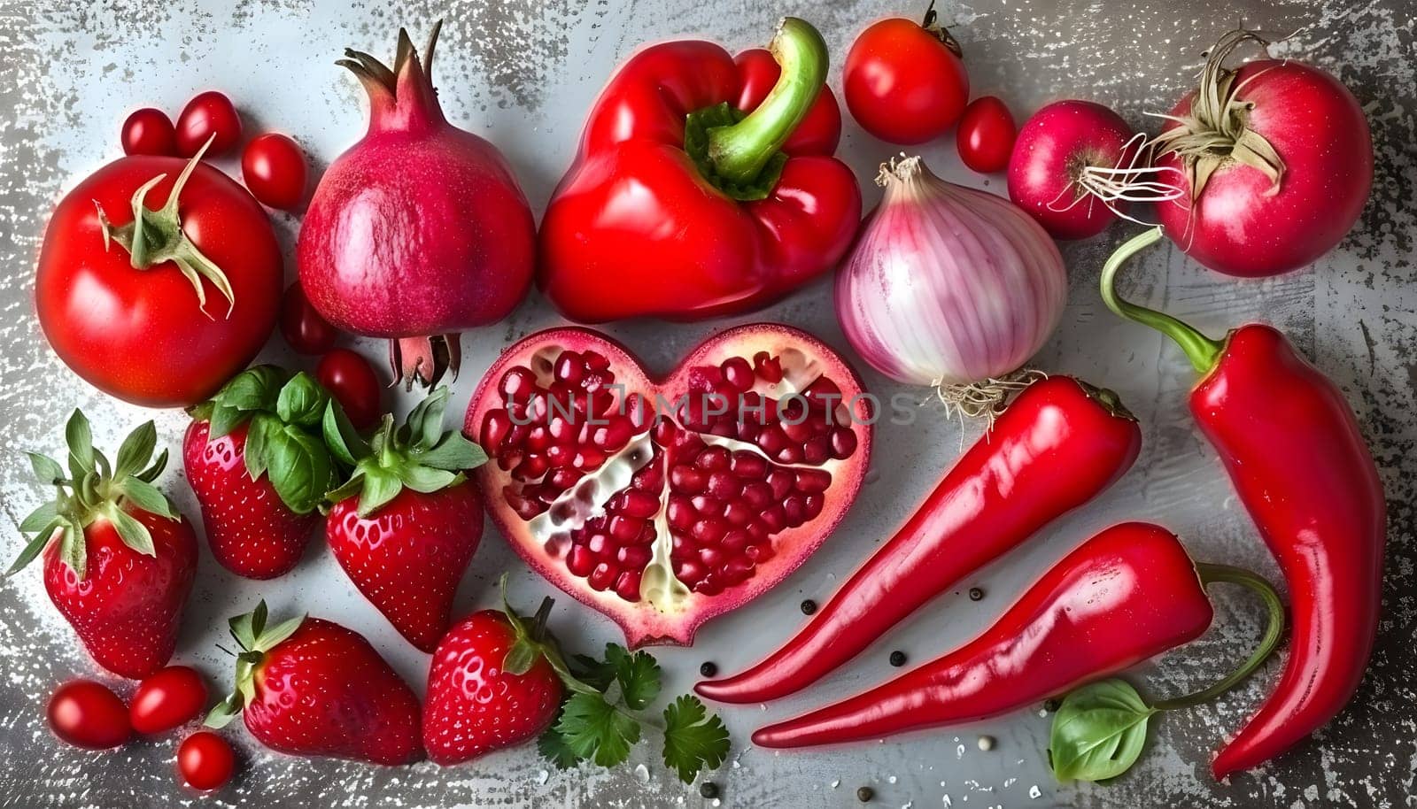 A diverse selection of red fruits and vegetables, all natural foods, sourced locally, can be used as ingredients in a variety of recipes for wholesome meals