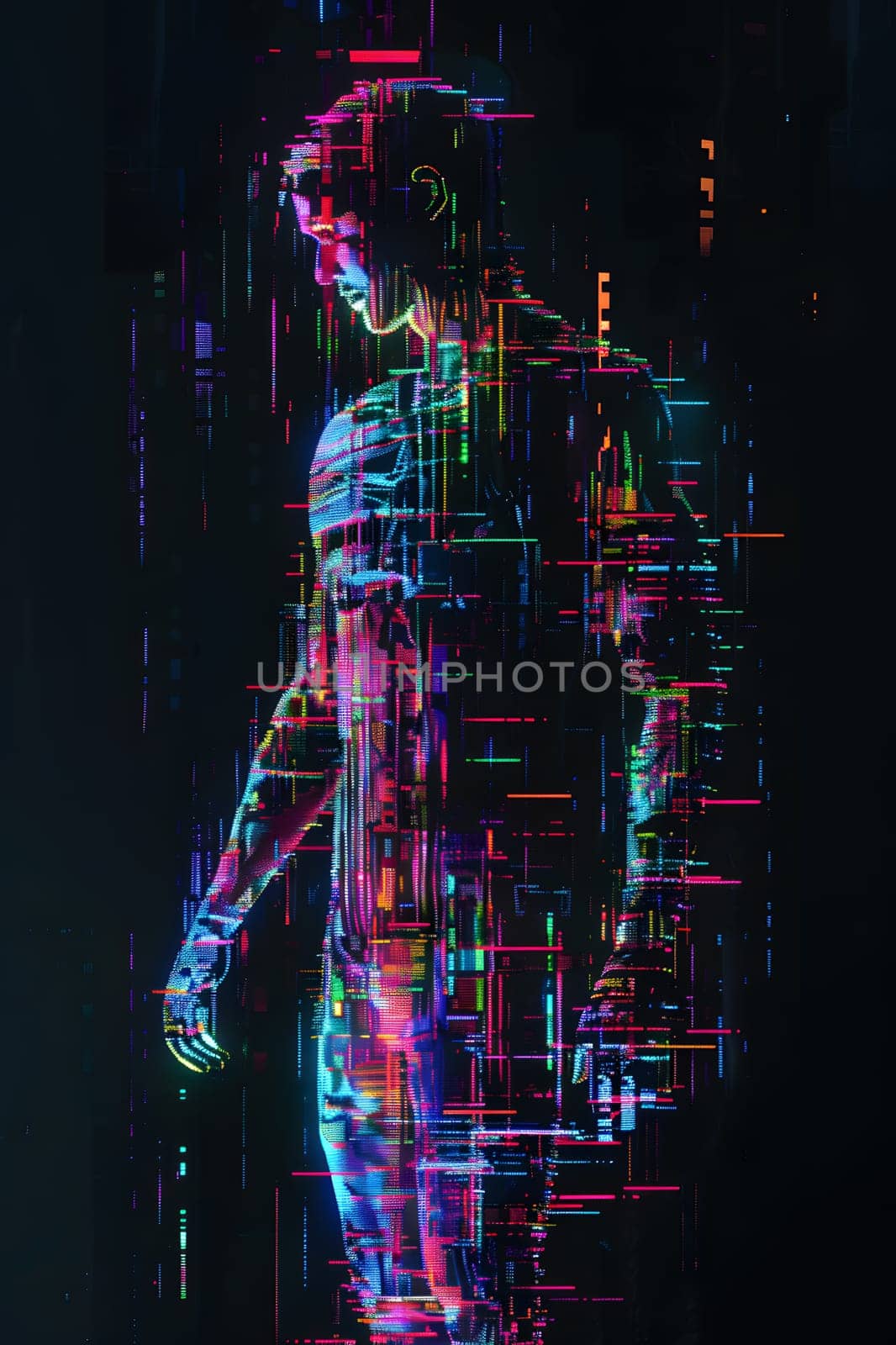 Abstract digital figure with vibrant glitch-like effects in dark background