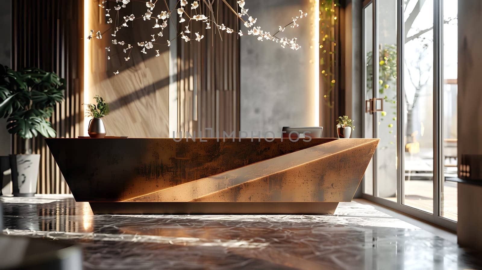 Contemporary reception desk in a sunlit, chic interior with elegant decor