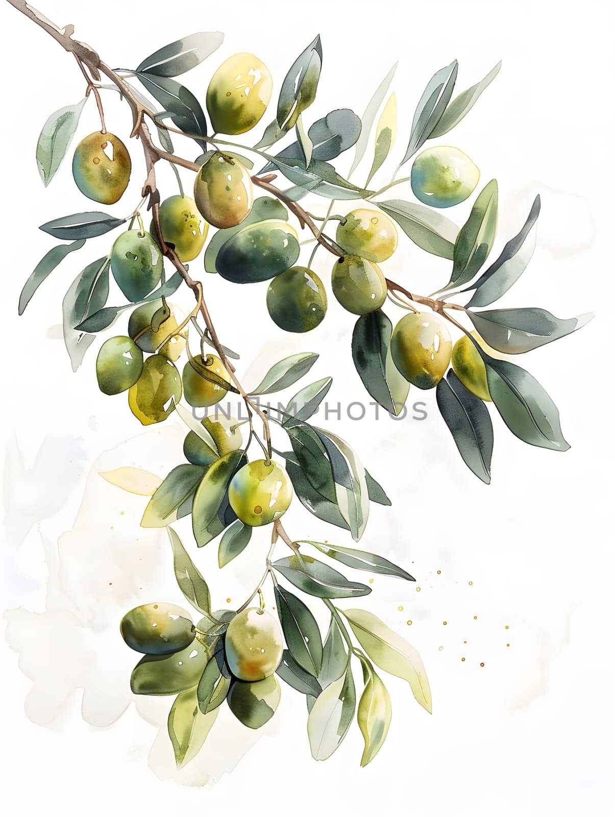 An illustration of a flowering branch of olives with leaves on a white background, showcasing the beauty of a terrestrial plant in a watercolor painting