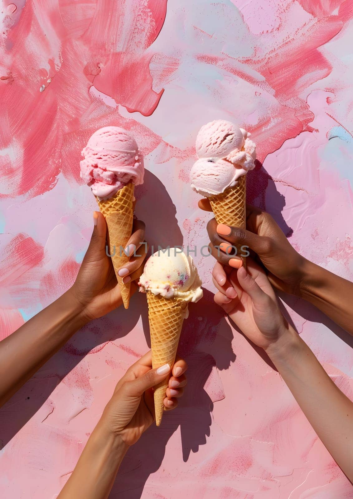 Four hands holding colorful ice cream cones, pink background, summer fun