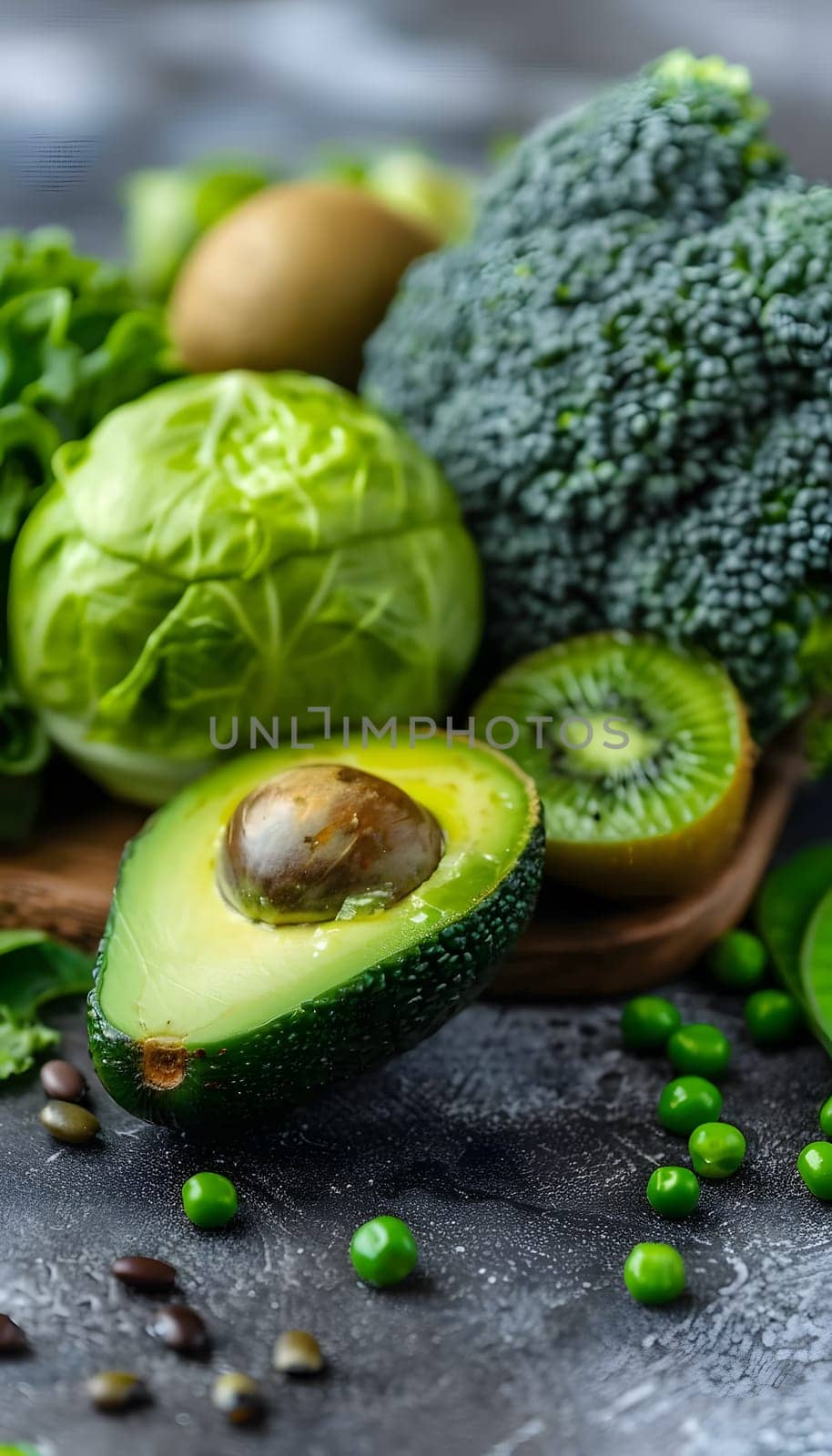 A selection of green vegetables such as avocados, broccoli, kiwi, and peas displayed on a wooden cutting board. These ingredients are natural foods packed with nutrients
