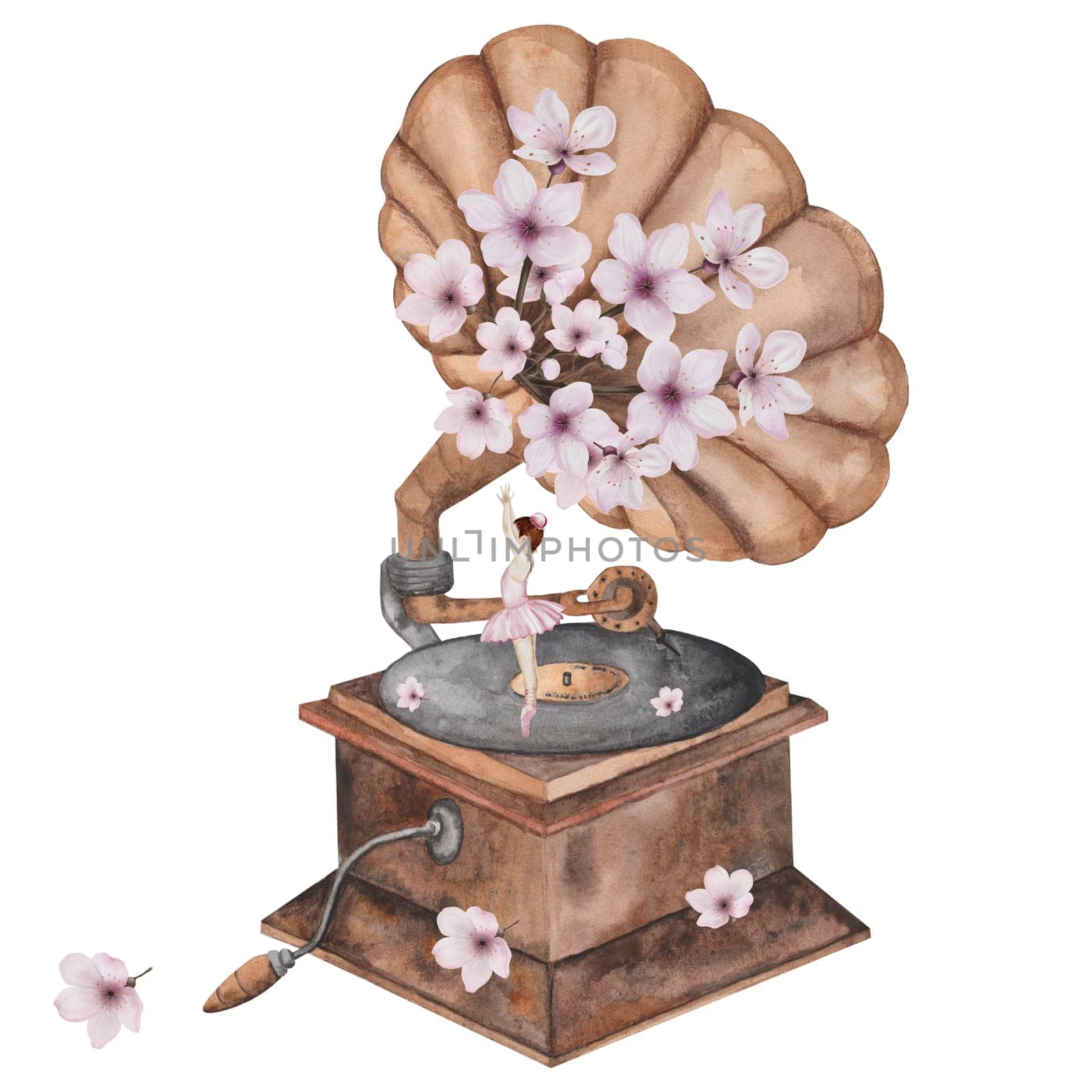 Gramophone watercolor. Hand drawn vintage musical instrument with a ballerina on isolated white background. Clip art of record player with flowers and a dancing girl. Ideal for postcards, educational cards and poster. High quality illustration