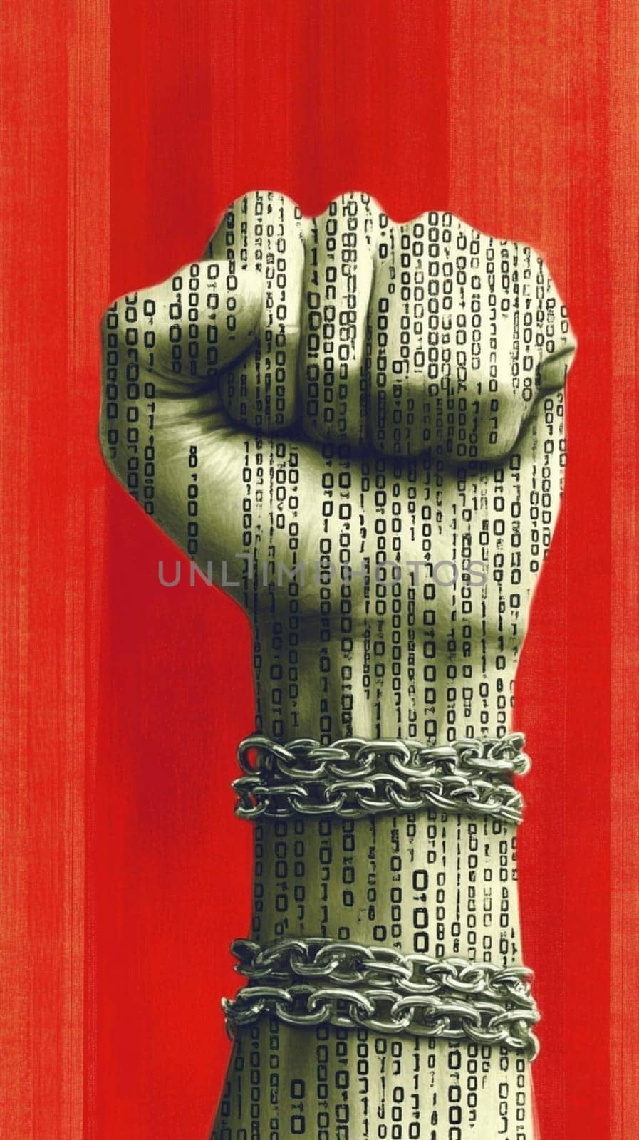 Clenched fist with binary code breaking free from chains, representing the power of technology and the fight for digital freedom