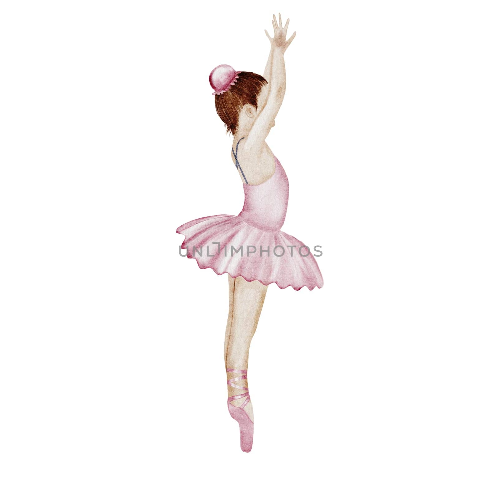 Ballerina watercolor. Ballet girl. Hand drawn incredible dancer in pink tutu skirt. Clip art on isolated white background of cute ballet beauty. Perfect for poster and cards, princess daughter room design. High quality illustration