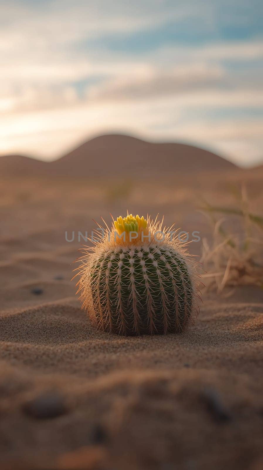 A lone cactus in the desert with a sunset backdrop, highlighting the golden hues and serene environment.