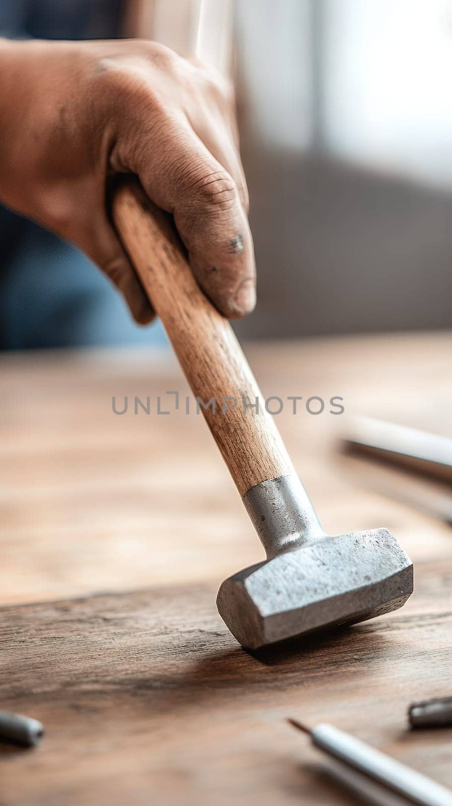 Close up of a carpenter's hand holding a hammer, working on a wooden surface with precision.
