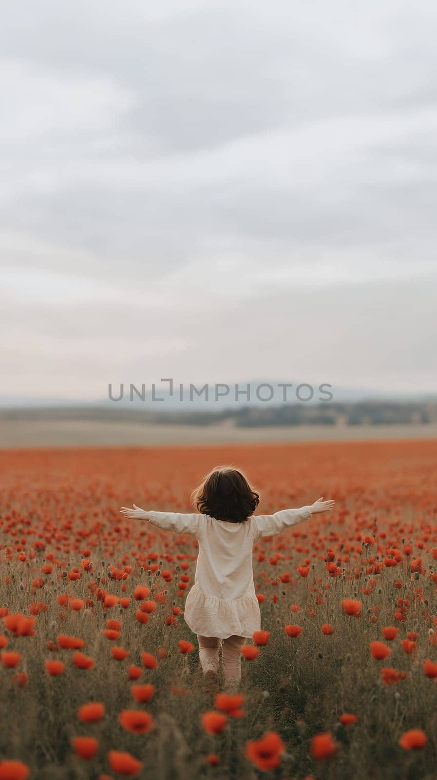 A young child with open arms in a vast field of poppies, capturing a sense of freedom and joy.