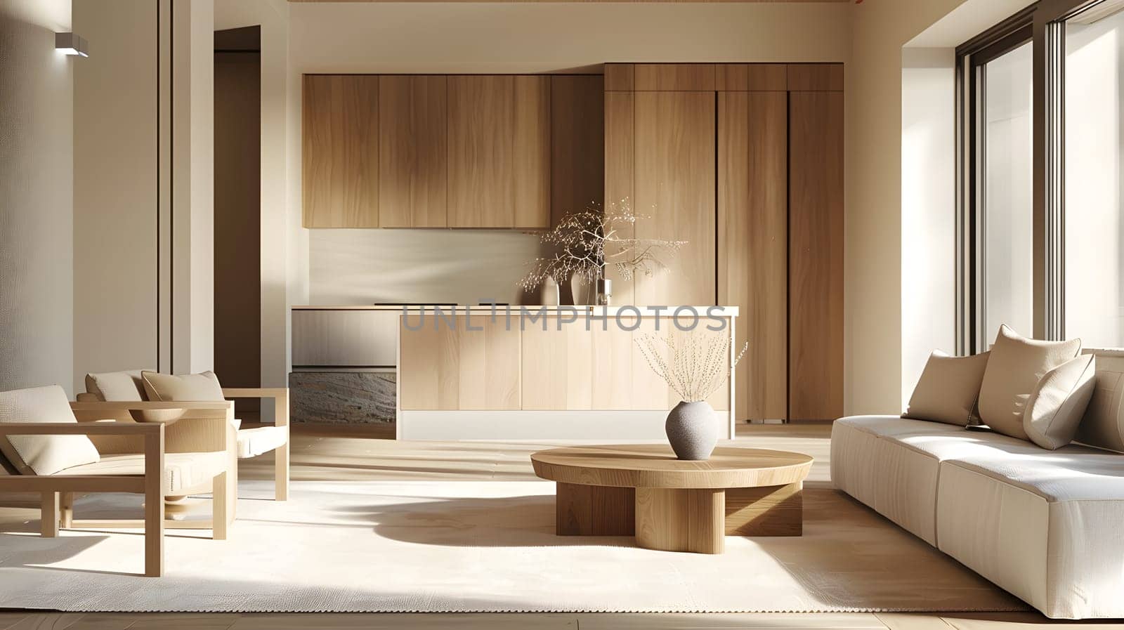 Bright minimalist living room, kitchen area with wooden furnishings, large windows