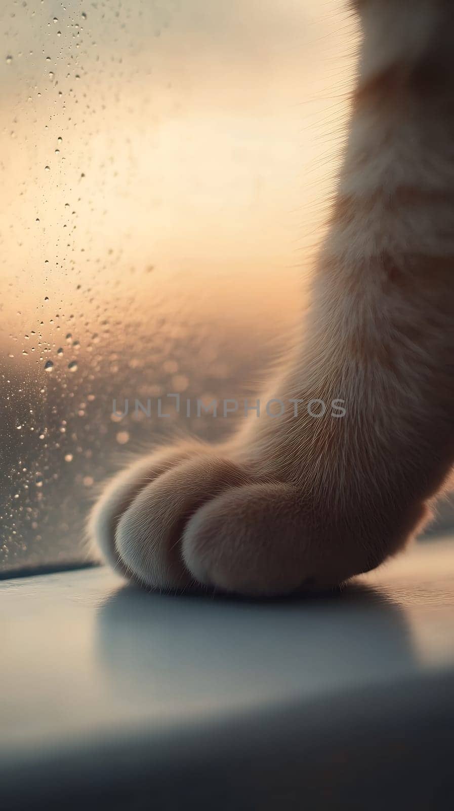 A soft cat paw resting against a rainy window, capturing a moment of cozy introspection during a sunset.