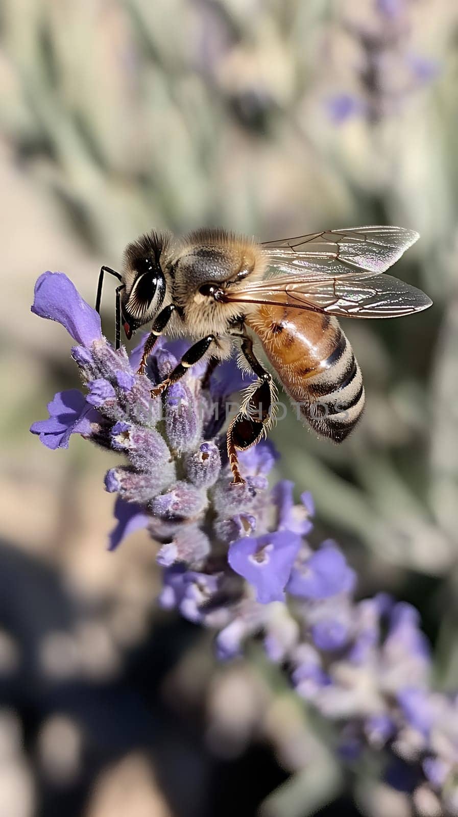 A bee delicately balances on a lavender flower, showcasing the intricate beauty of nature and pollination.
