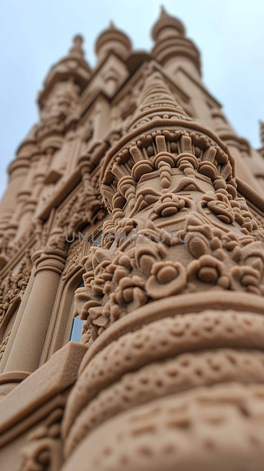 Close up of an intricately designed sandcastle tower, reflecting creativity and craftsmanship on a bright day.
