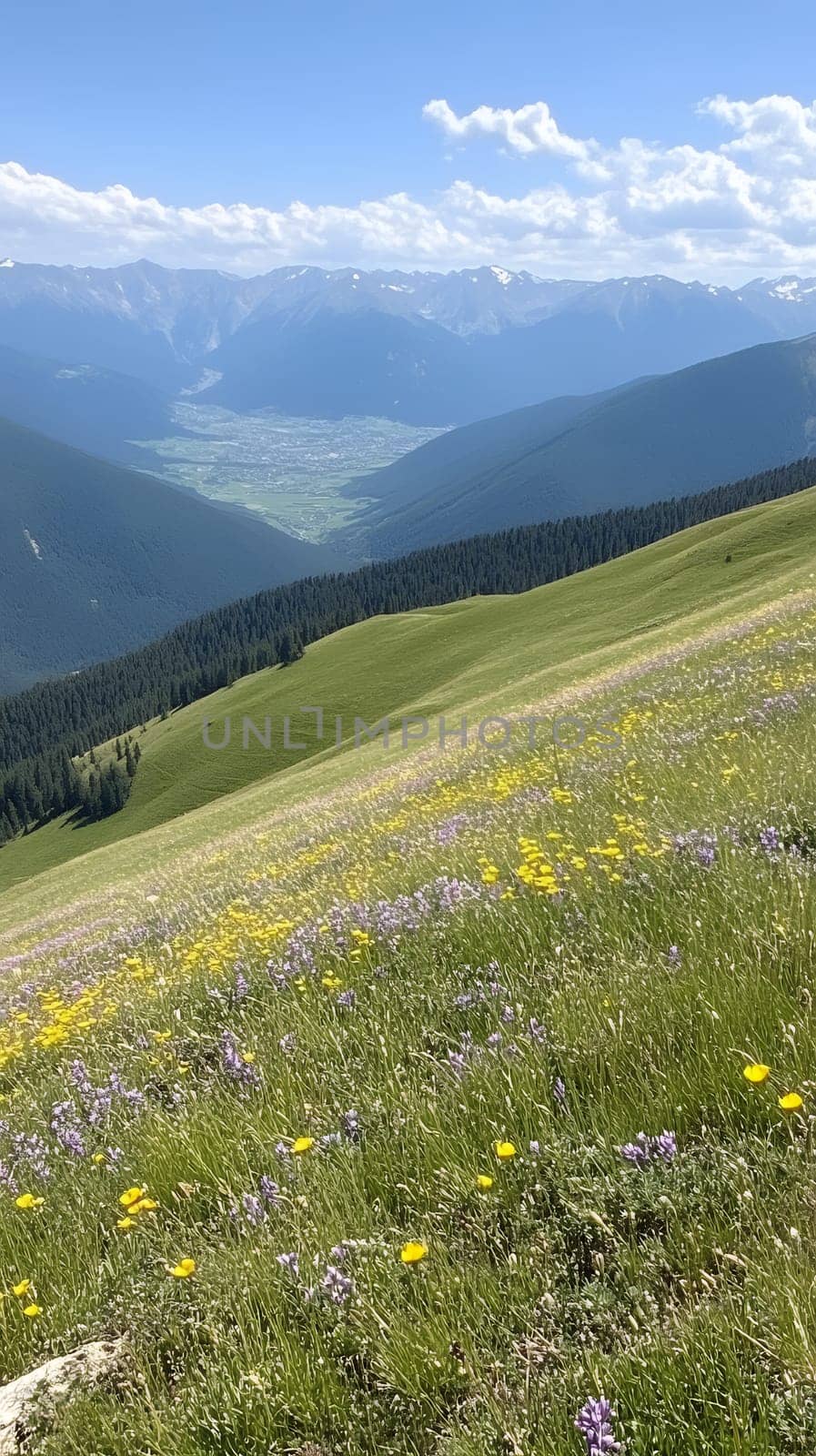 A lush mountain meadow covered in wildflowers with a breathtaking view of distant peaks under a clear sky.